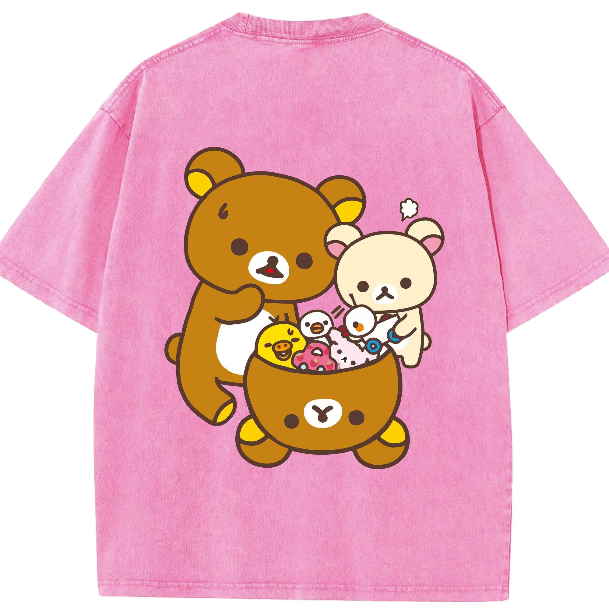 （画像用） リラックマ リラックマ キイロイトリ Rilakkuma Korilakkuma Kiiroitori 綿100% ヴィンテージ風 半袖Tシャツ（背面プリント）